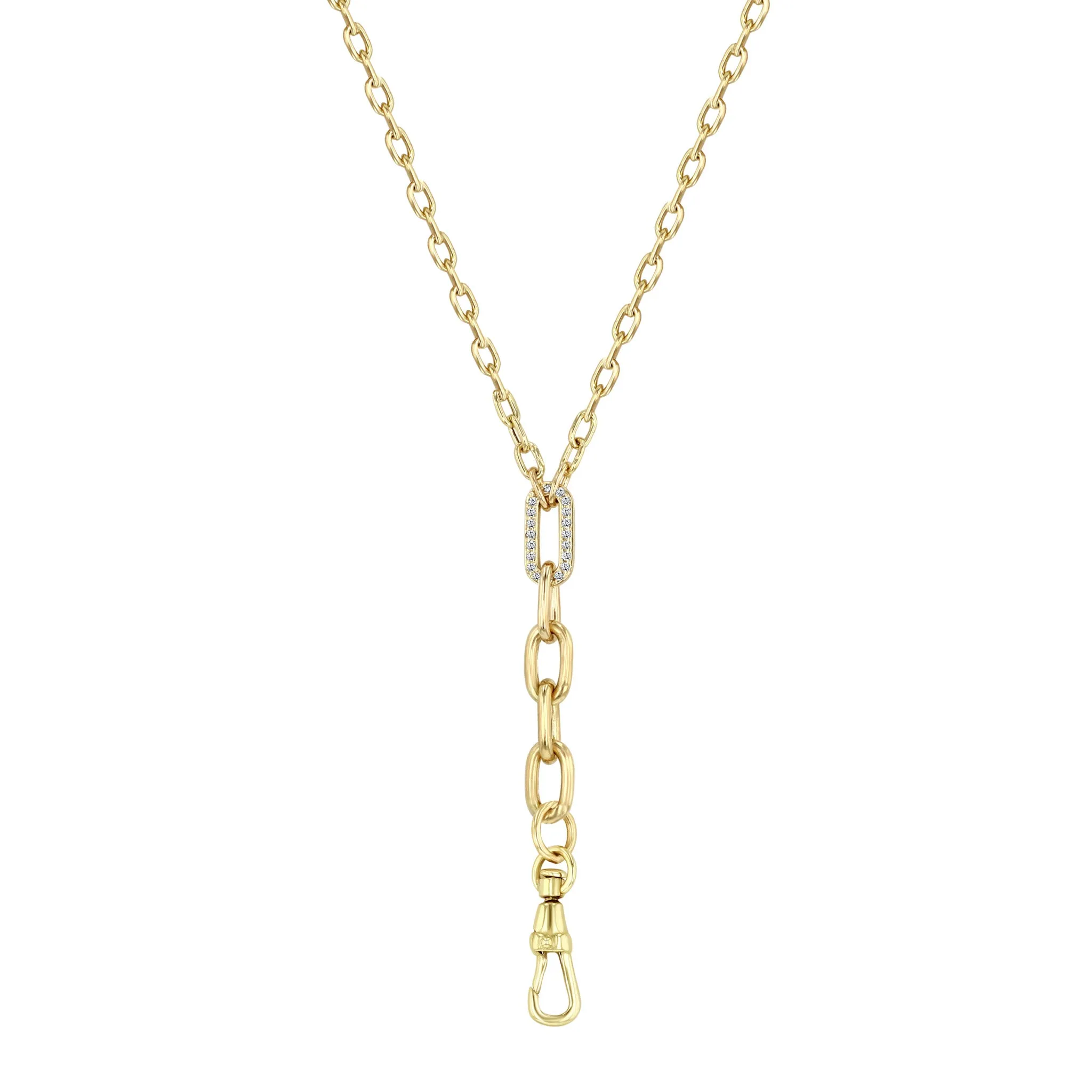 14k Mixed Small & Large Square Oval Chain with Diamond Link Lariat Necklace with Fob Clasp