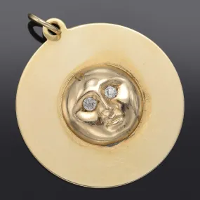 Antique 14K Yellow Gold Diamond Moon Face Round Pendant