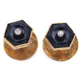 Antique 14K Yellow Gold Onyx & Diamond Hexagon Screw Cufflinks