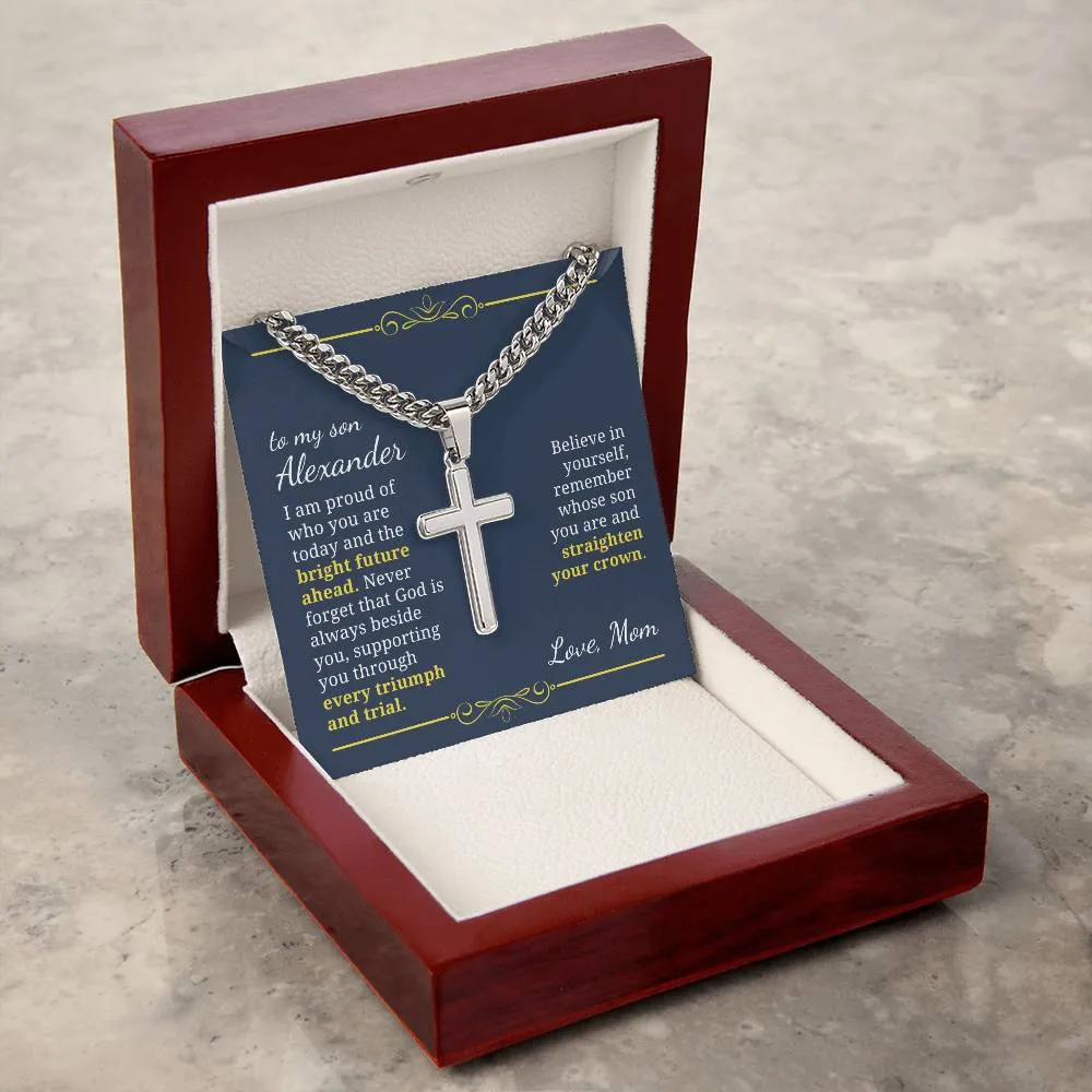 Baptism or Confirmation Gift For Son, Proud of Who You Are, Men's Christian Cross Necklace with Cuban Chain, Custom Name Message Card