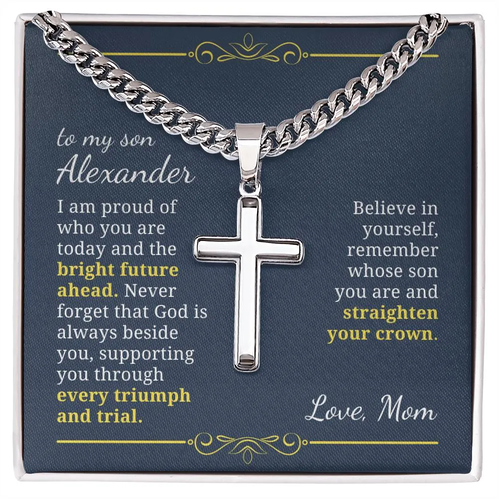 Baptism or Confirmation Gift For Son, Proud of Who You Are, Men's Christian Cross Necklace with Cuban Chain, Custom Name Message Card