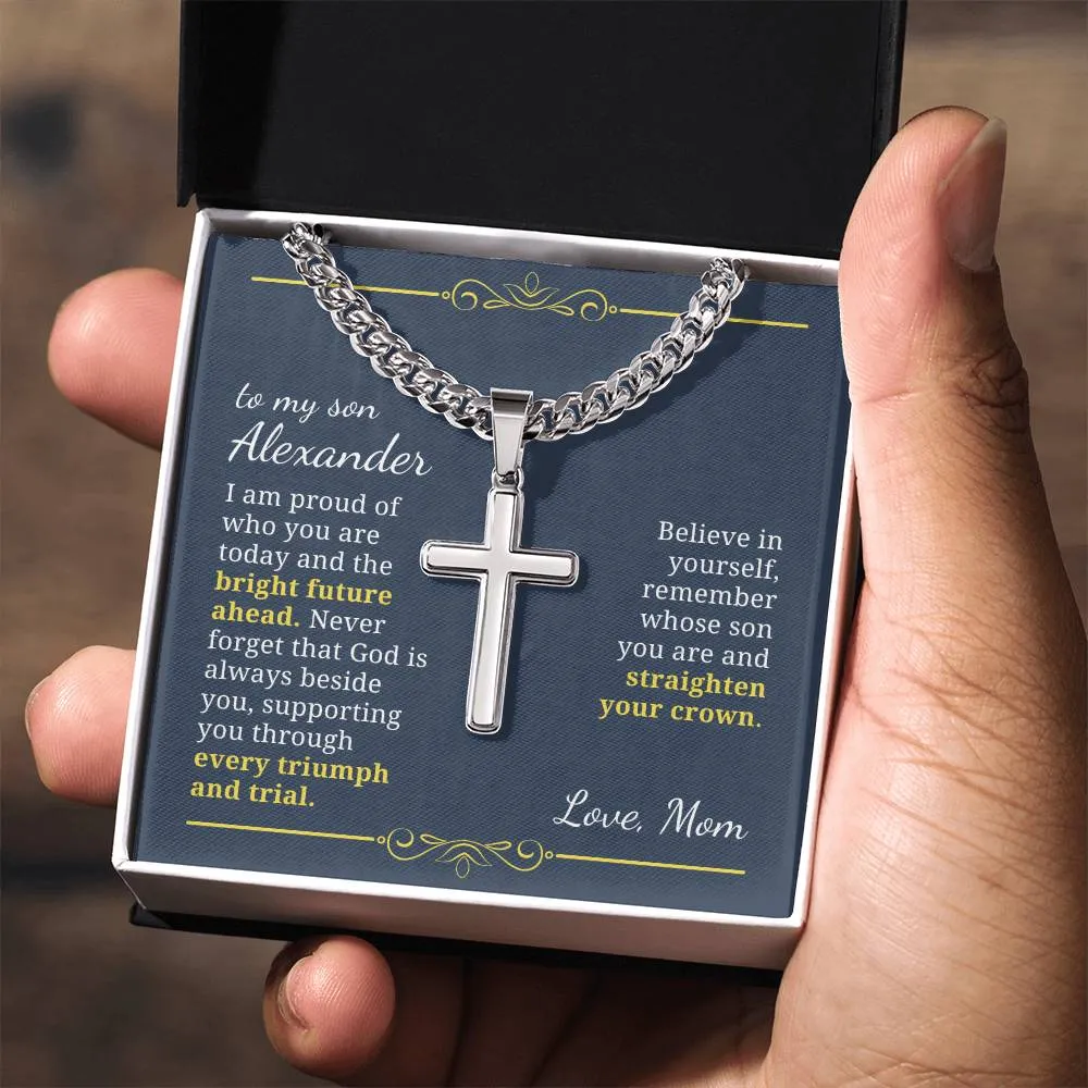 Baptism or Confirmation Gift For Son, Proud of Who You Are, Men's Christian Cross Necklace with Cuban Chain, Custom Name Message Card