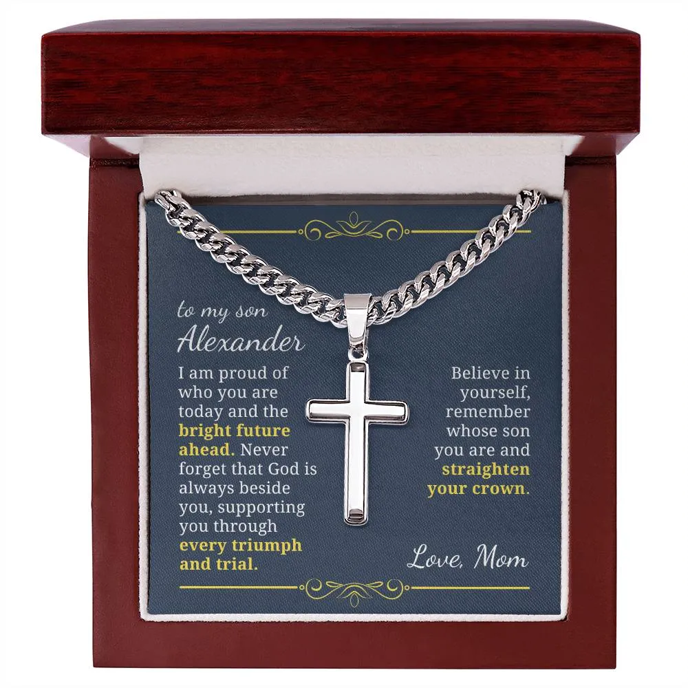 Baptism or Confirmation Gift For Son, Proud of Who You Are, Men's Christian Cross Necklace with Cuban Chain, Custom Name Message Card