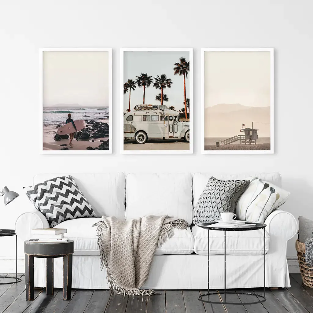 Beige Surfing Wall Art Set. Surfer, Ocean, Bus, Lifeguard