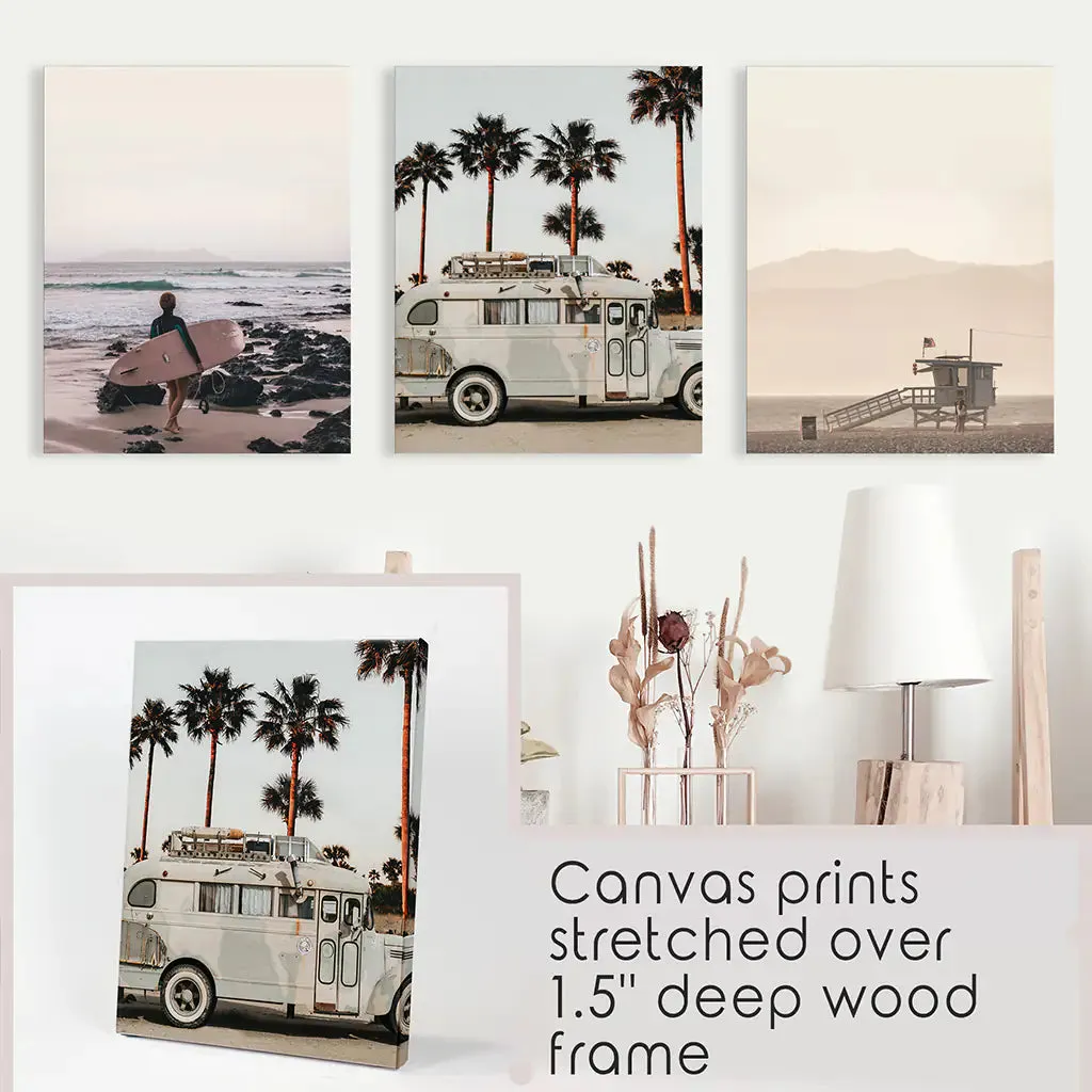 Beige Surfing Wall Art Set. Surfer, Ocean, Bus, Lifeguard