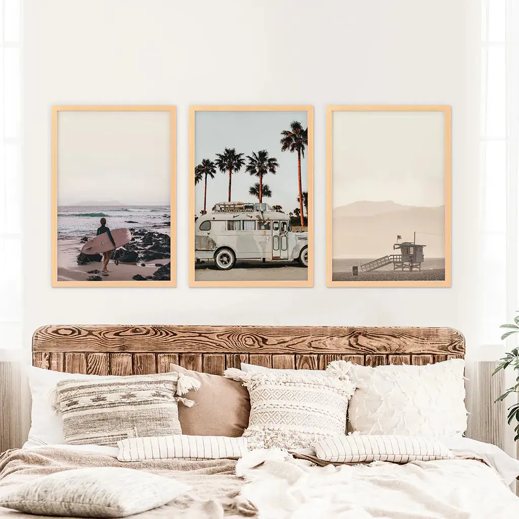 Beige Surfing Wall Art Set. Surfer, Ocean, Bus, Lifeguard