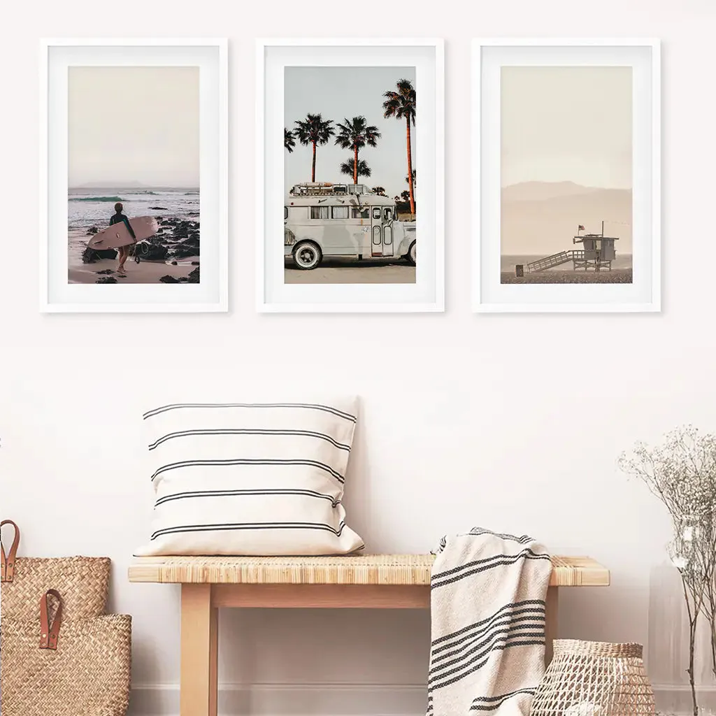 Beige Surfing Wall Art Set. Surfer, Ocean, Bus, Lifeguard