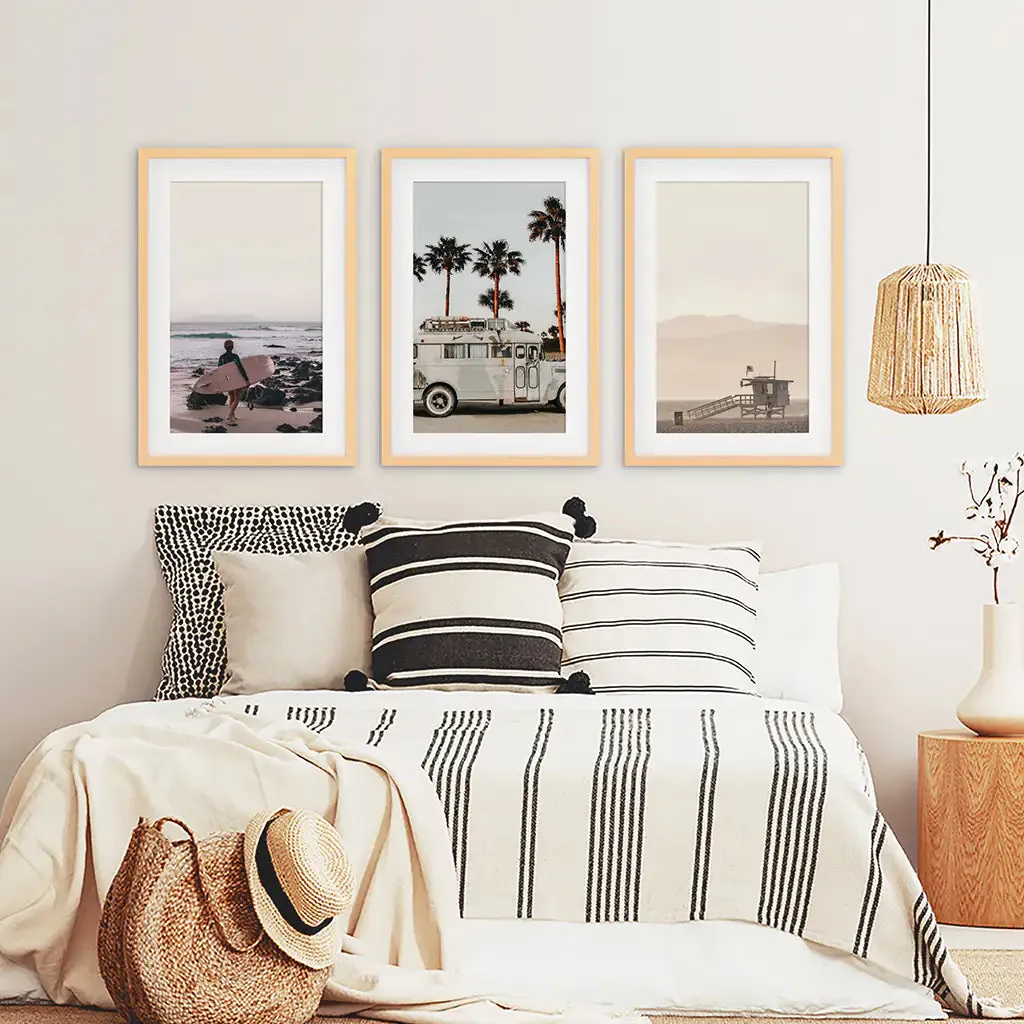 Beige Surfing Wall Art Set. Surfer, Ocean, Bus, Lifeguard