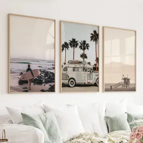 Beige Surfing Wall Art Set. Surfer, Ocean, Bus, Lifeguard