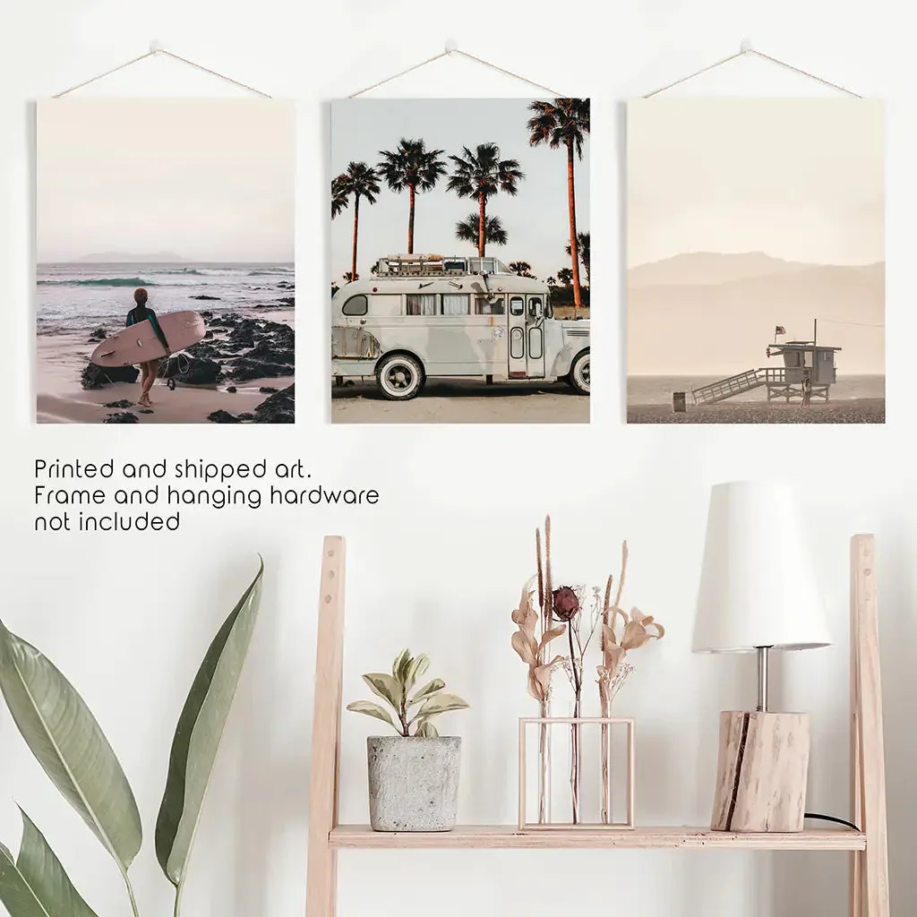 Beige Surfing Wall Art Set. Surfer, Ocean, Bus, Lifeguard