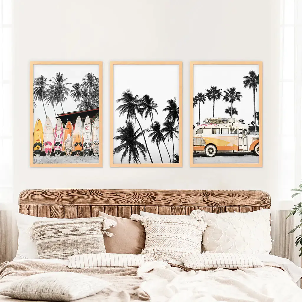 Black and Orange Surfing Art Prints. Bus, Palms, Surfboards