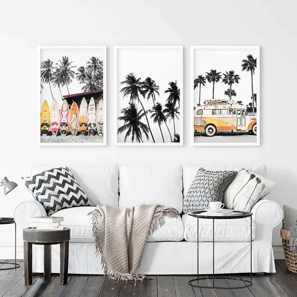 Black and Orange Surfing Art Prints. Bus, Palms, Surfboards