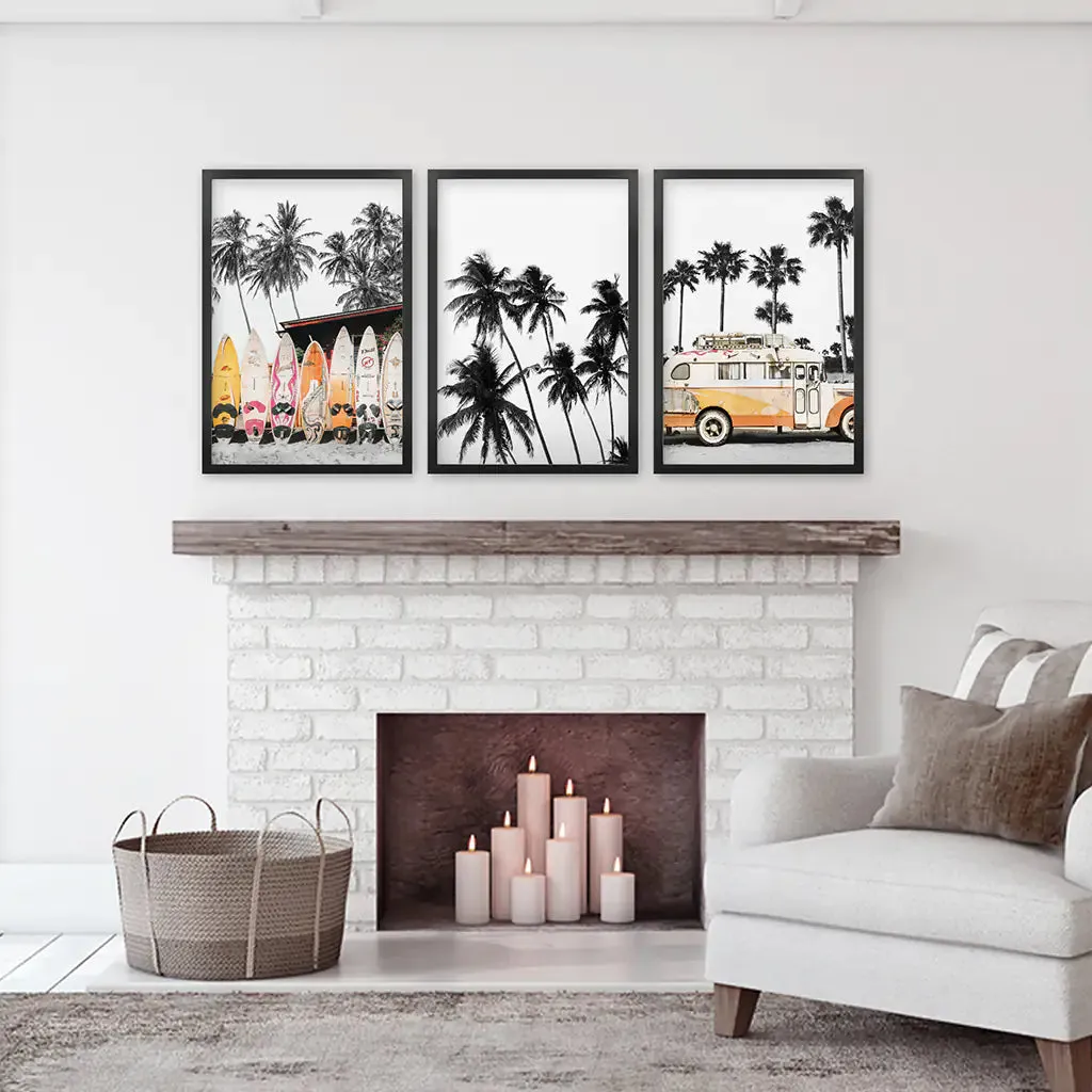 Black and Orange Surfing Art Prints. Bus, Palms, Surfboards