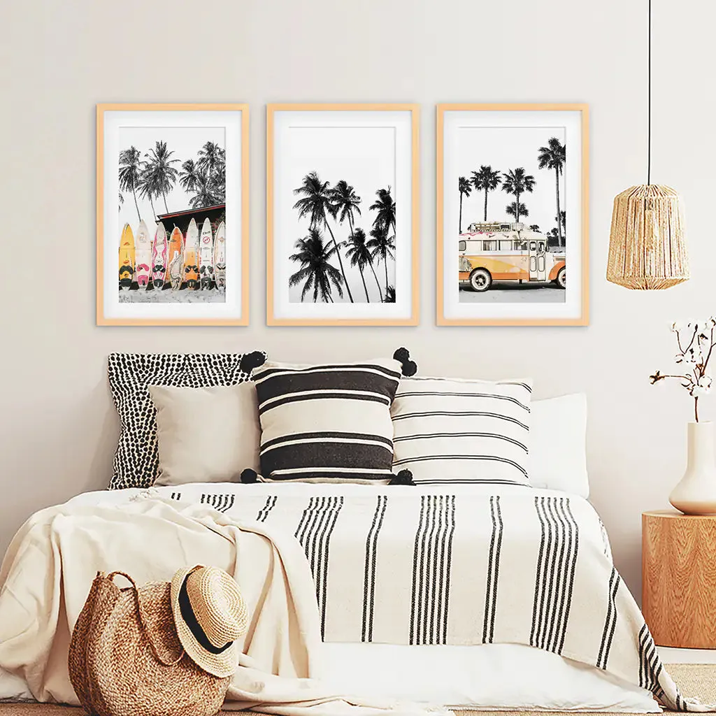 Black and Orange Surfing Art Prints. Bus, Palms, Surfboards