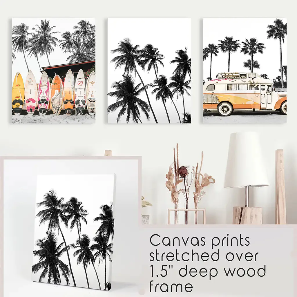 Black and Orange Surfing Art Prints. Bus, Palms, Surfboards