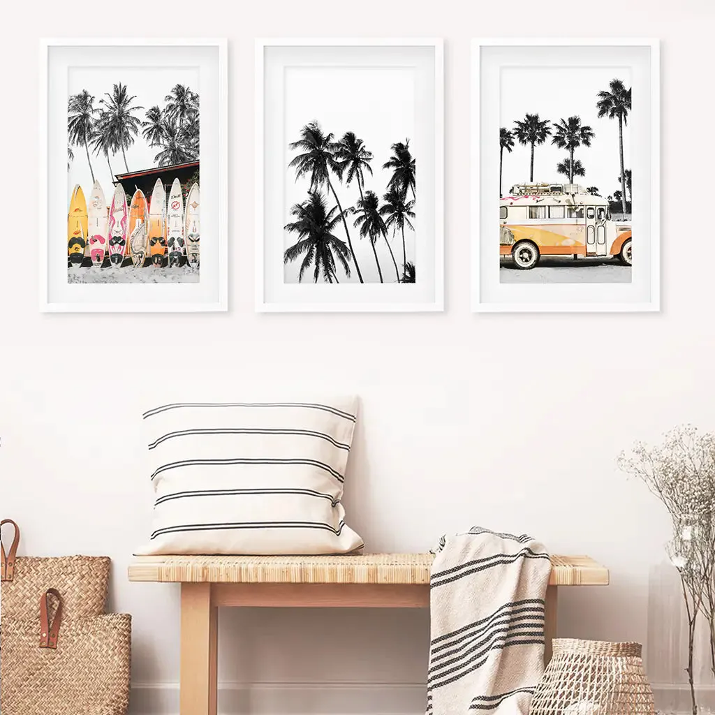 Black and Orange Surfing Art Prints. Bus, Palms, Surfboards