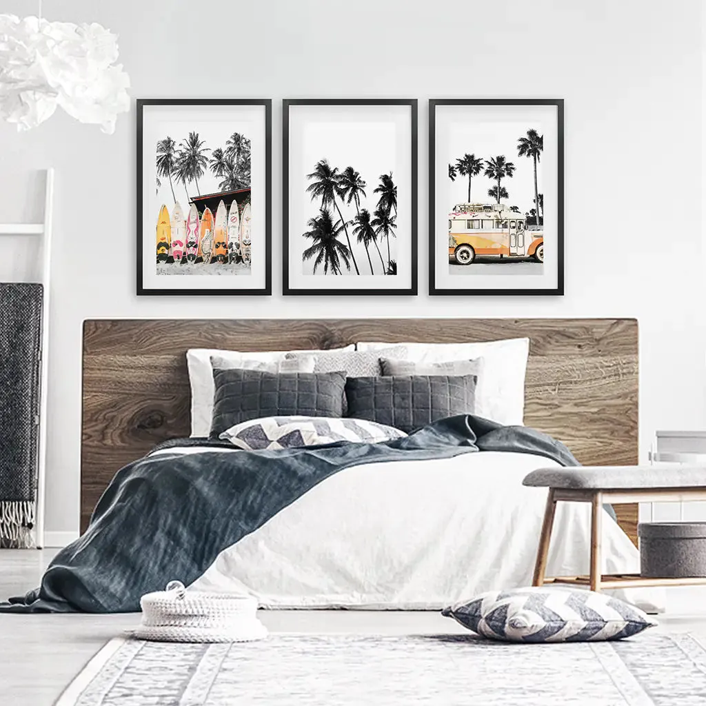 Black and Orange Surfing Art Prints. Bus, Palms, Surfboards