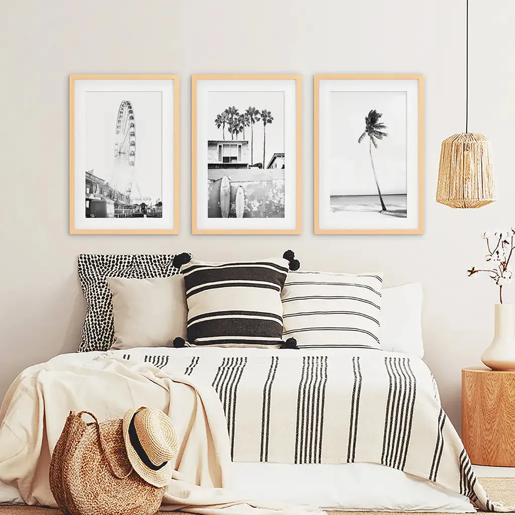 Black White Coastal Wall Art. Ferris Wheel, Surfboards, Palm