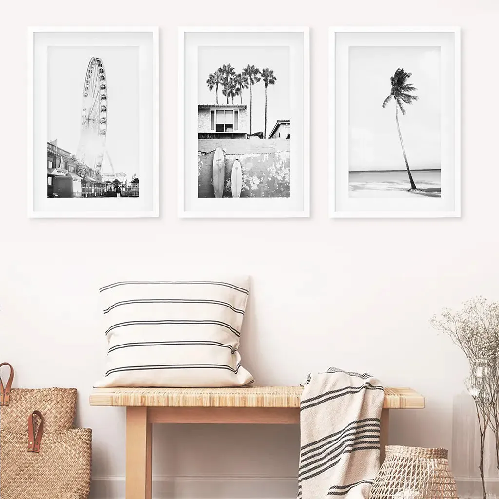 Black White Coastal Wall Art. Ferris Wheel, Surfboards, Palm