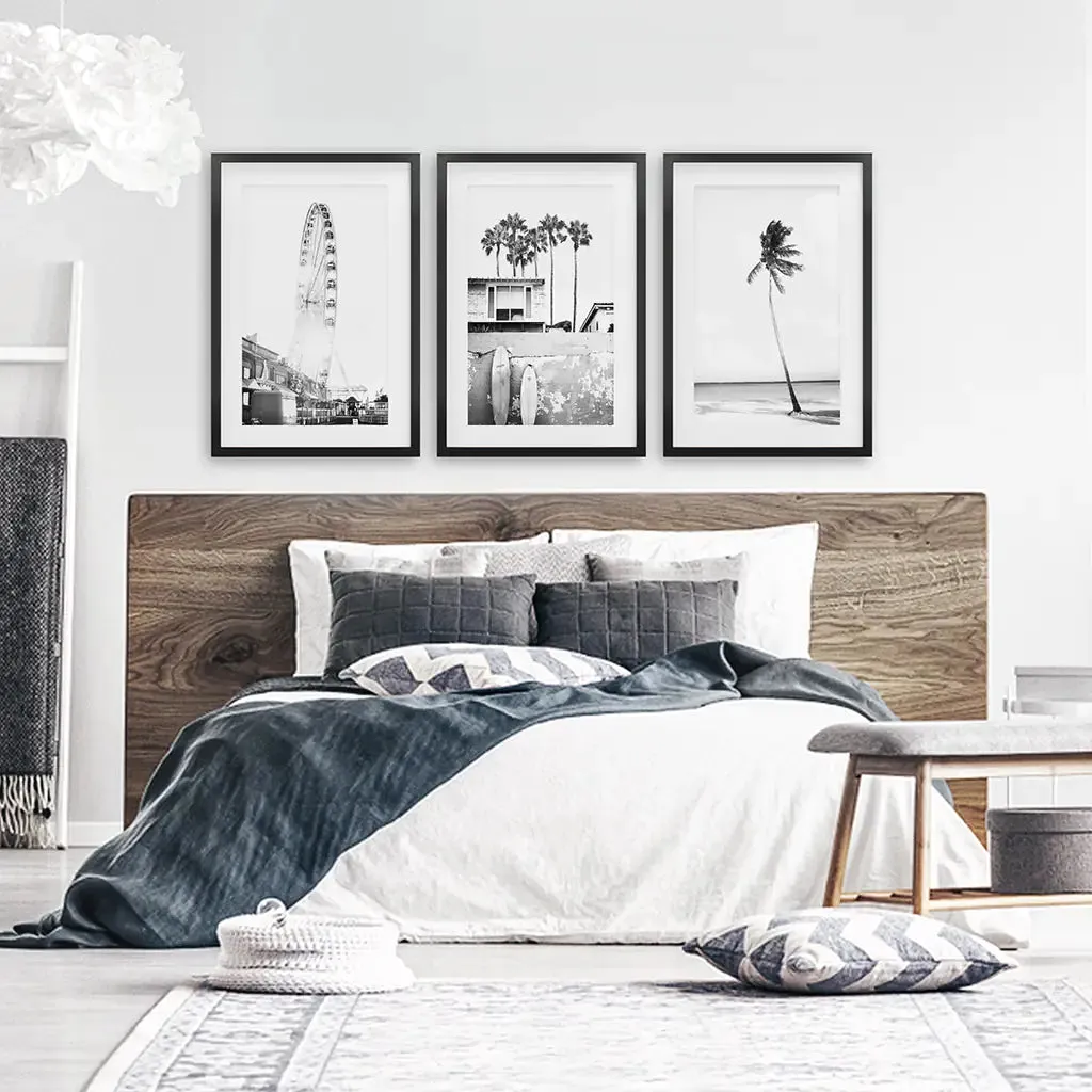 Black White Coastal Wall Art. Ferris Wheel, Surfboards, Palm