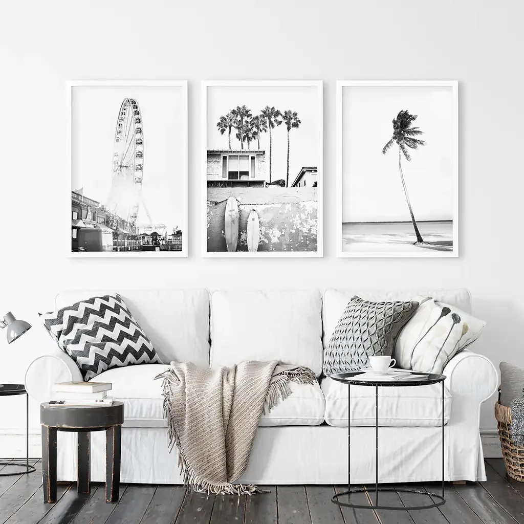 Black White Coastal Wall Art. Ferris Wheel, Surfboards, Palm