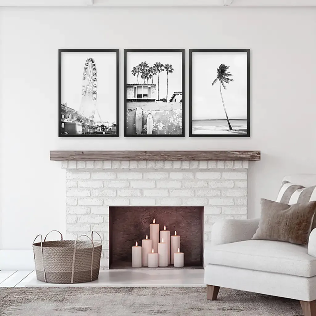 Black White Coastal Wall Art. Ferris Wheel, Surfboards, Palm