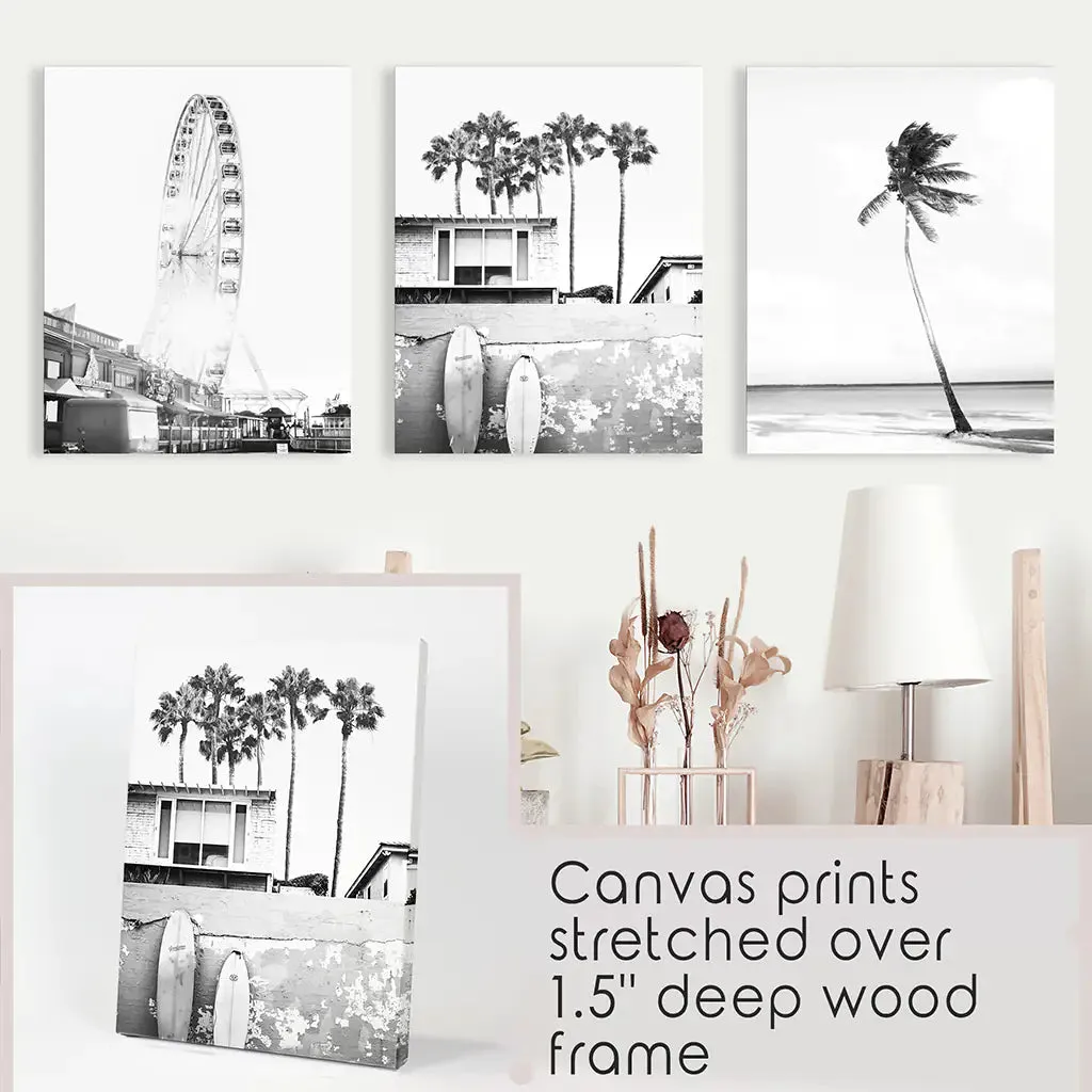 Black White Coastal Wall Art. Ferris Wheel, Surfboards, Palm