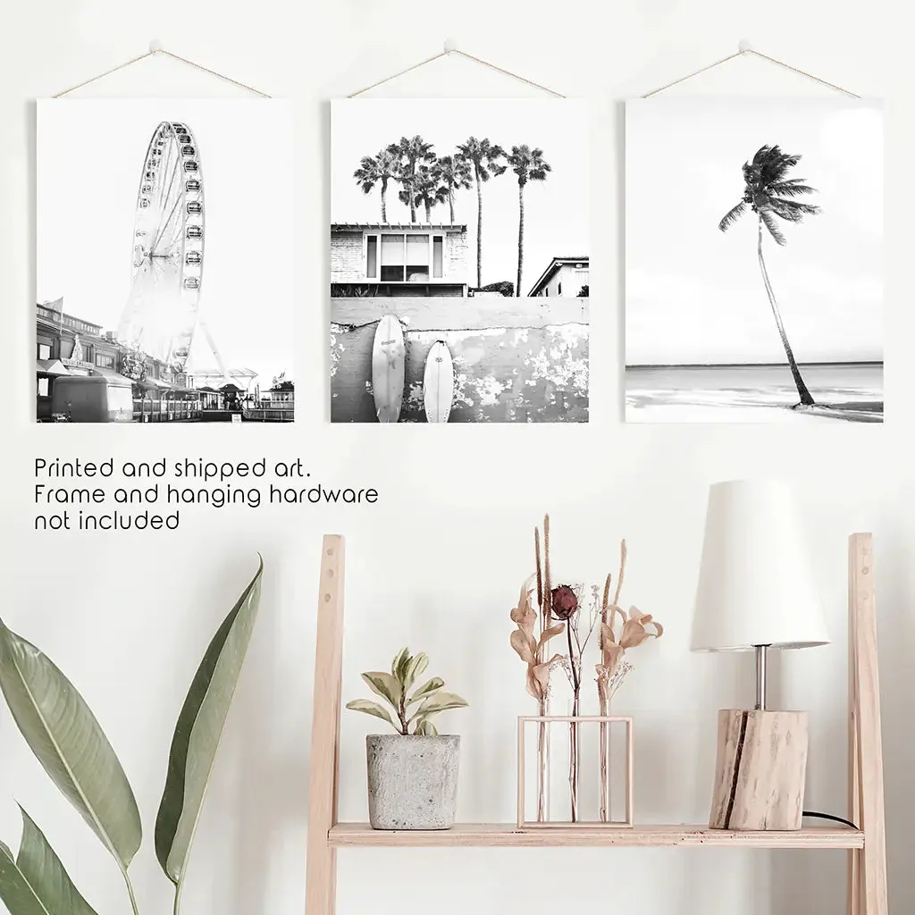 Black White Coastal Wall Art. Ferris Wheel, Surfboards, Palm