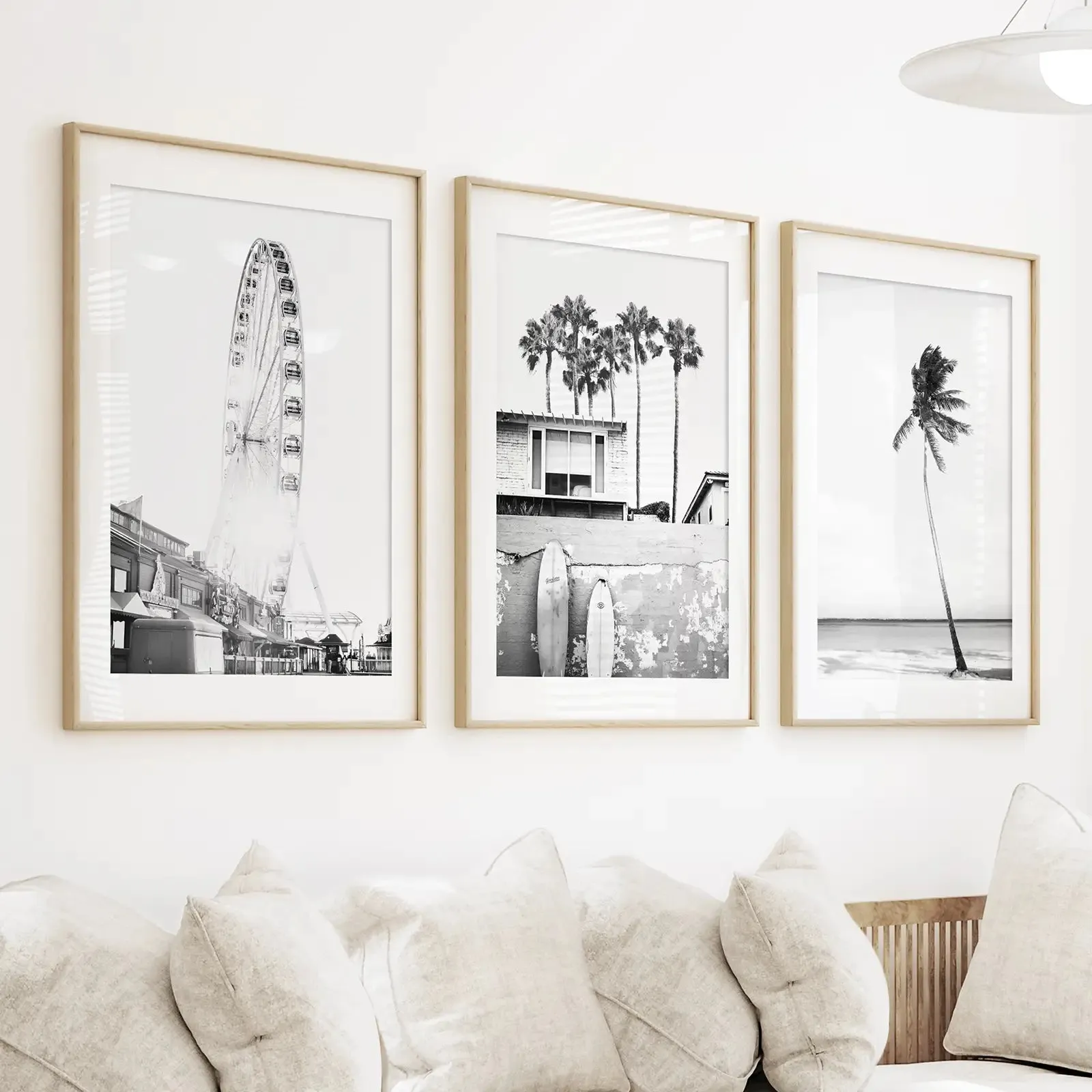 Black White Coastal Wall Art. Ferris Wheel, Surfboards, Palm