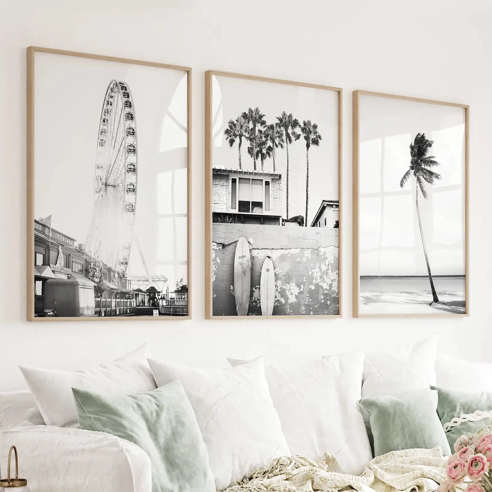 Black White Coastal Wall Art. Ferris Wheel, Surfboards, Palm