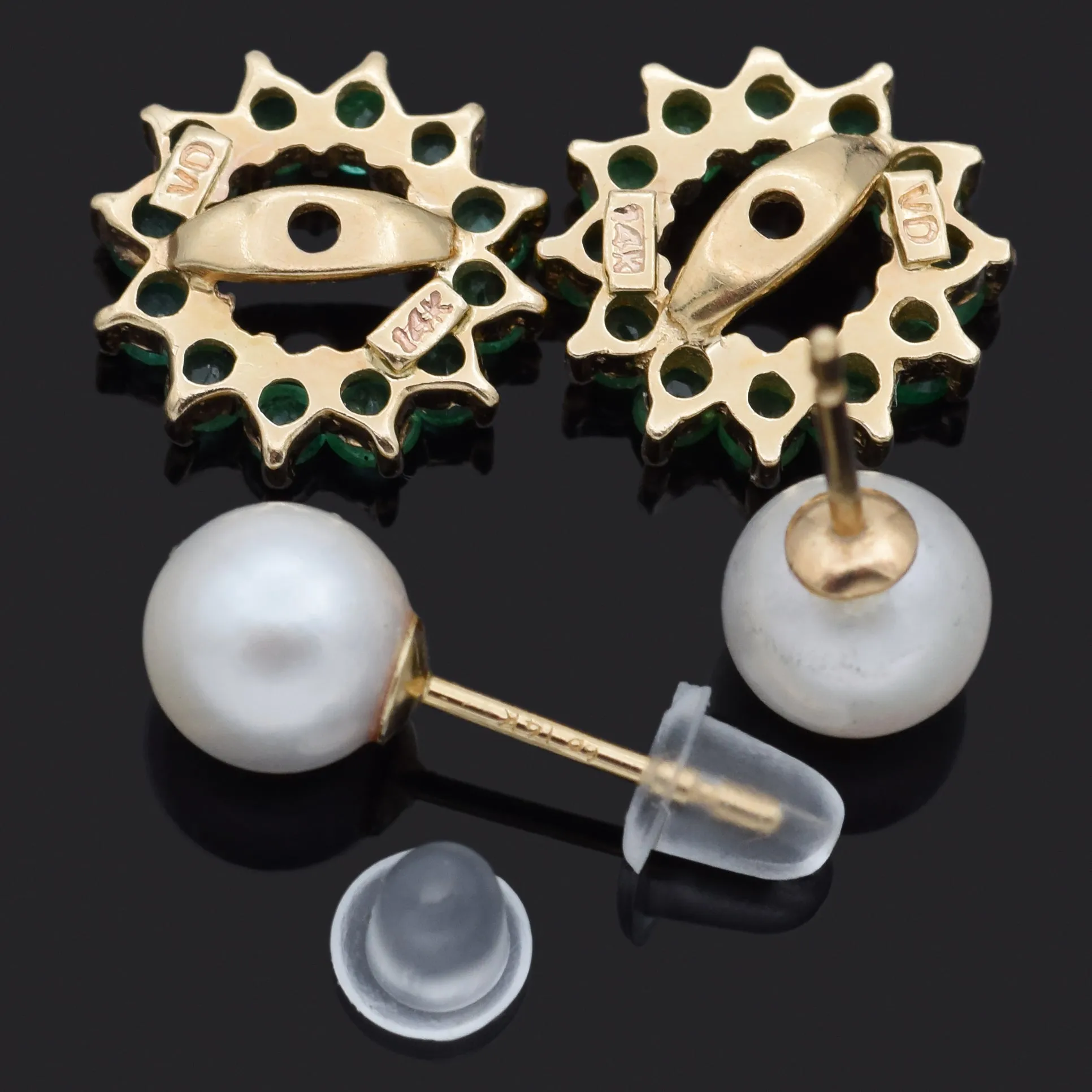 Estate 14K Yellow Gold Pearl & Emerald Ear Jacket Stud Earrings