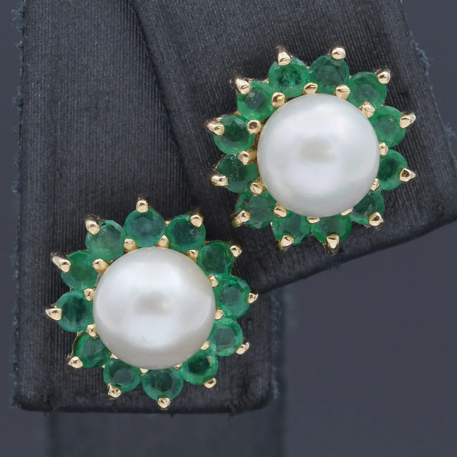 Estate 14K Yellow Gold Pearl & Emerald Ear Jacket Stud Earrings