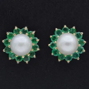 Estate 14K Yellow Gold Pearl & Emerald Ear Jacket Stud Earrings