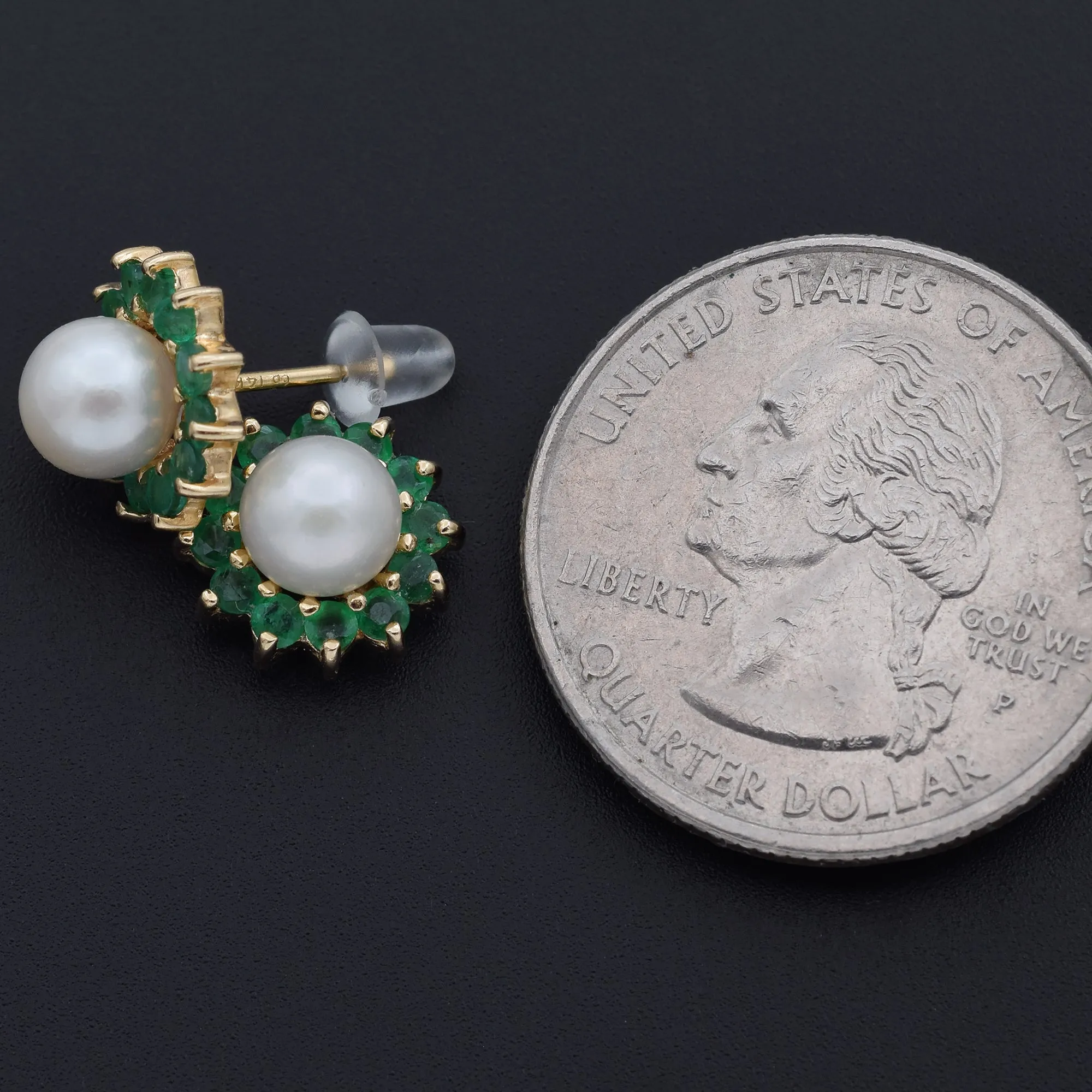 Estate 14K Yellow Gold Pearl & Emerald Ear Jacket Stud Earrings