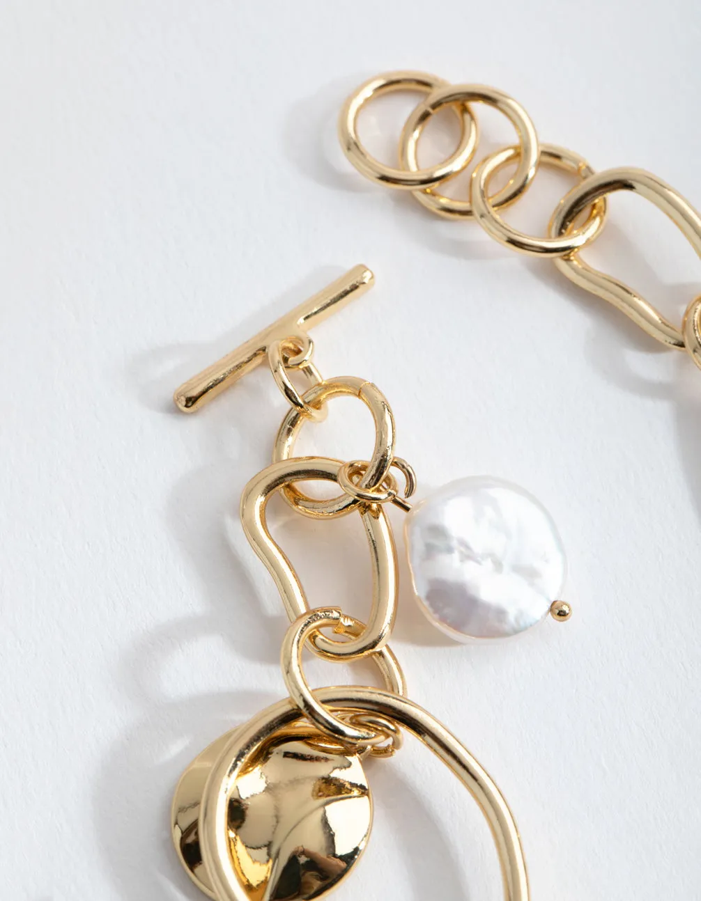 Gold Plated Freshwater Pearl Long Fob Bracelet