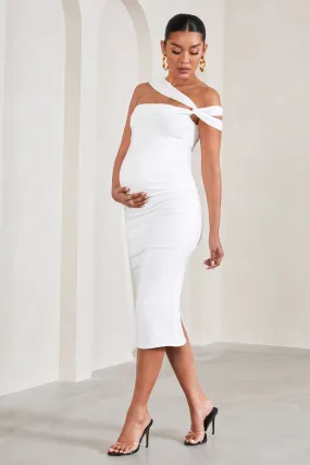 Just Wait | White Asymmetric Strappy Maternity Midi Dress With Drape