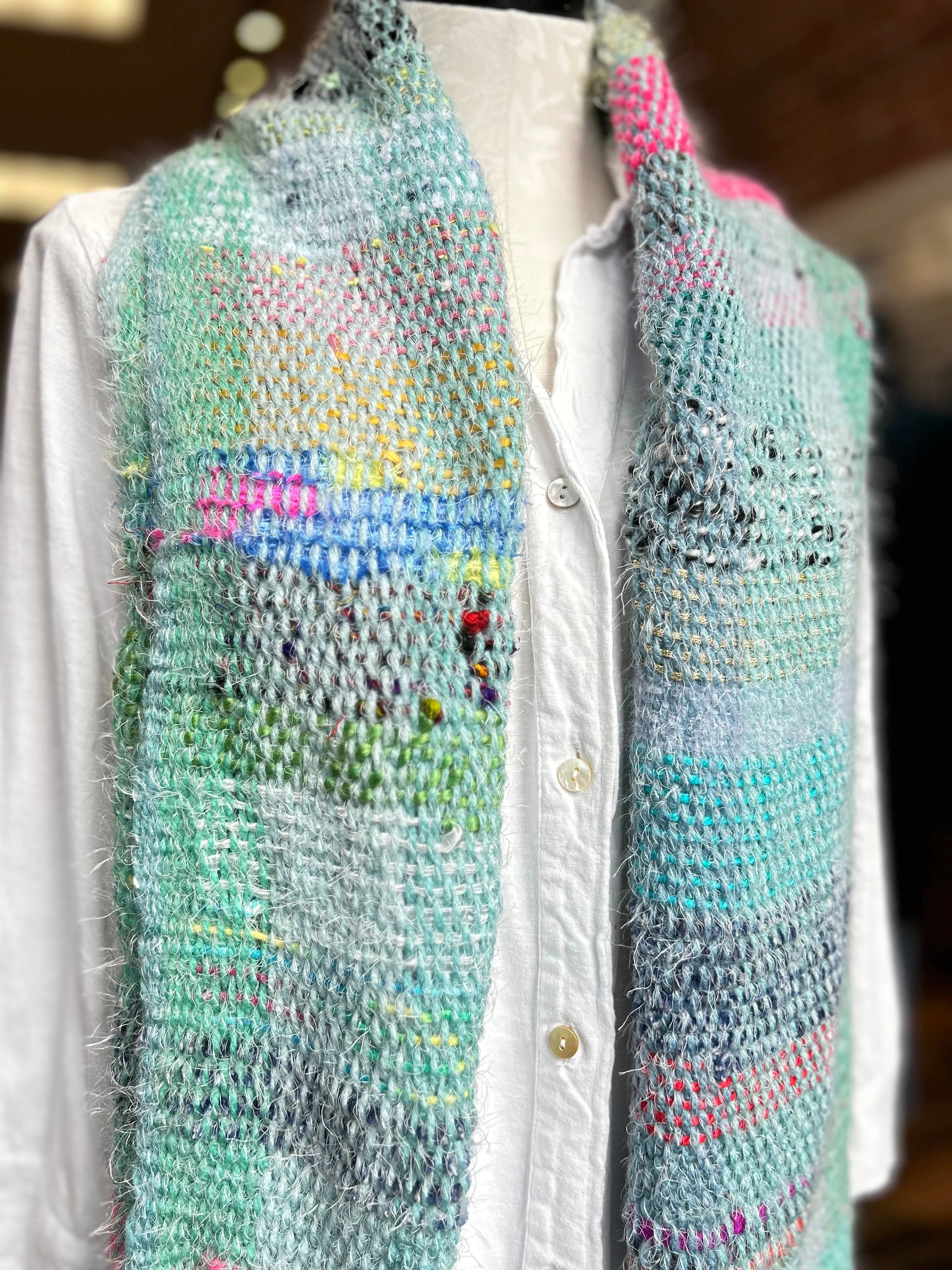 Natalie Reid scarf, wide hand-woven fiber art