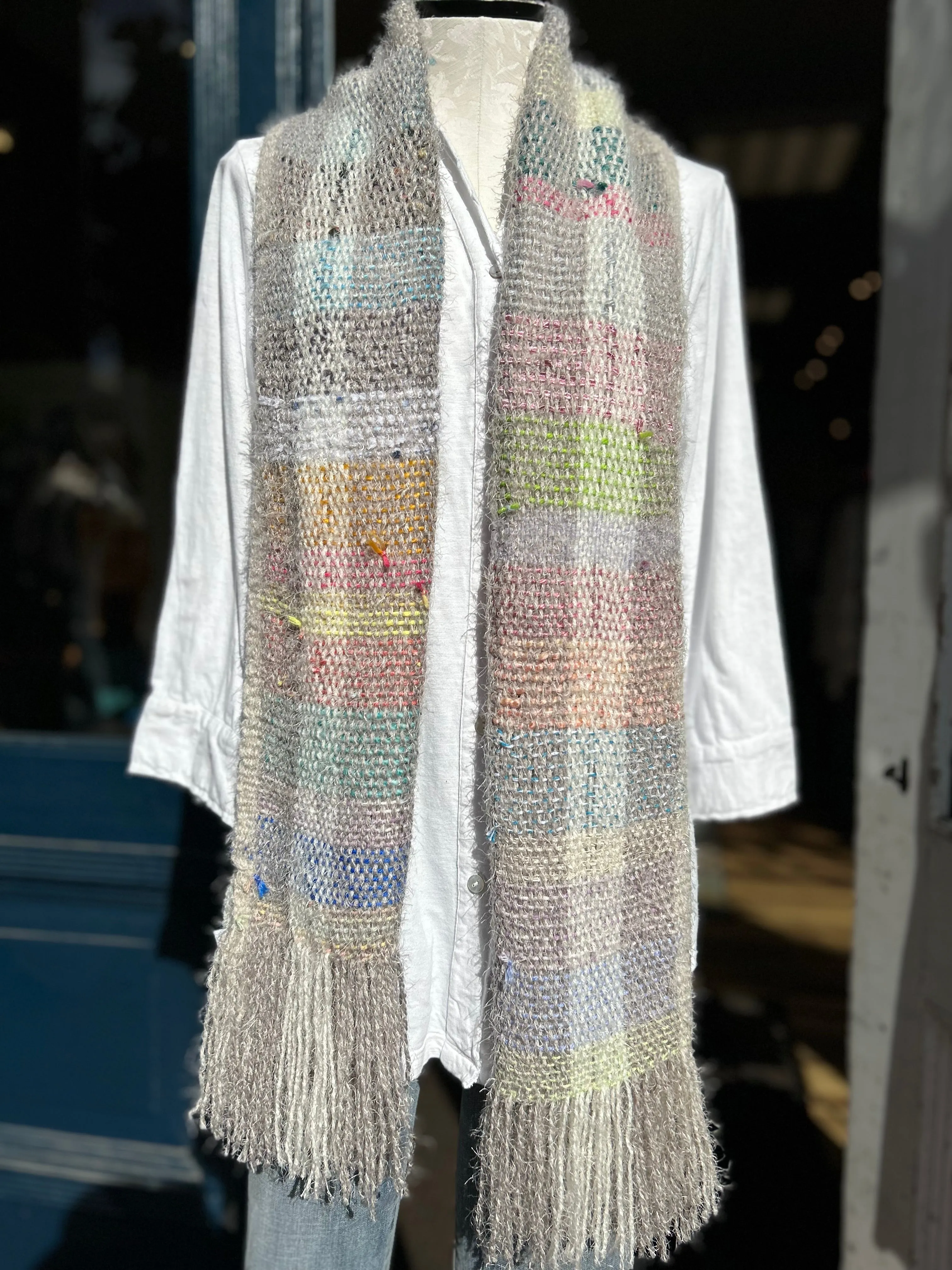 Natalie Reid scarf, wide hand-woven fiber art