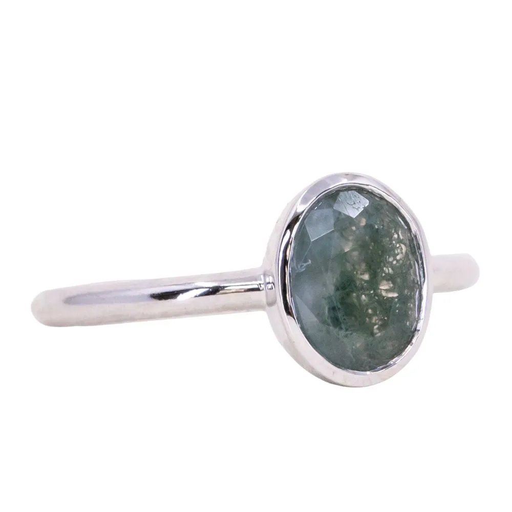 Oval Moss Agate Bezel Rings in 14K Yellow & White Gold