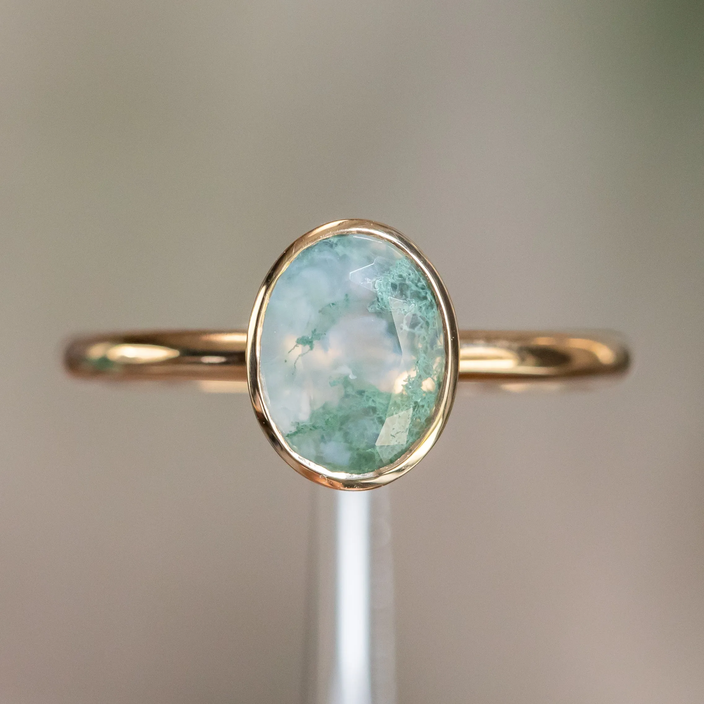 Oval Moss Agate Bezel Rings in 14K Yellow & White Gold