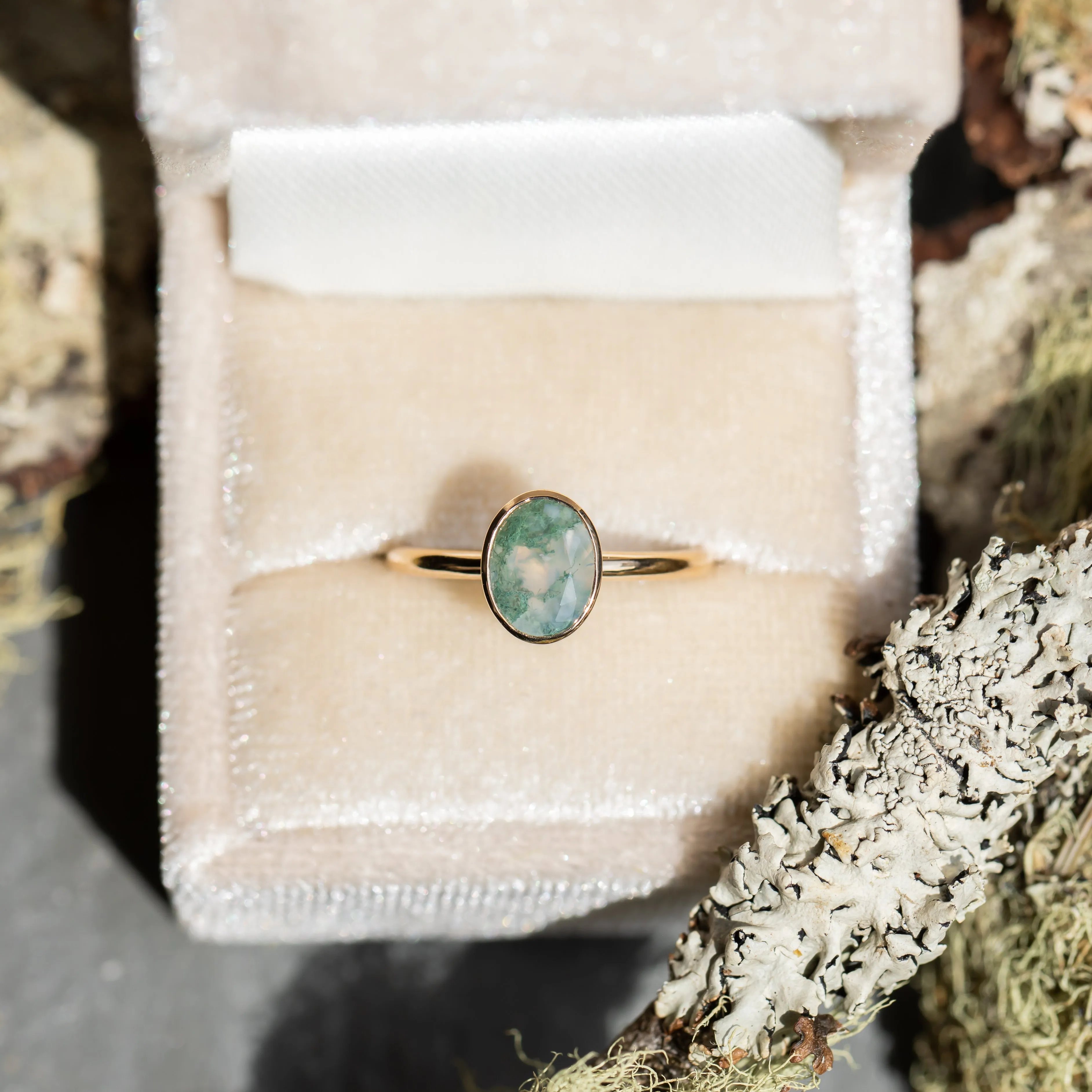 Oval Moss Agate Bezel Rings in 14K Yellow & White Gold