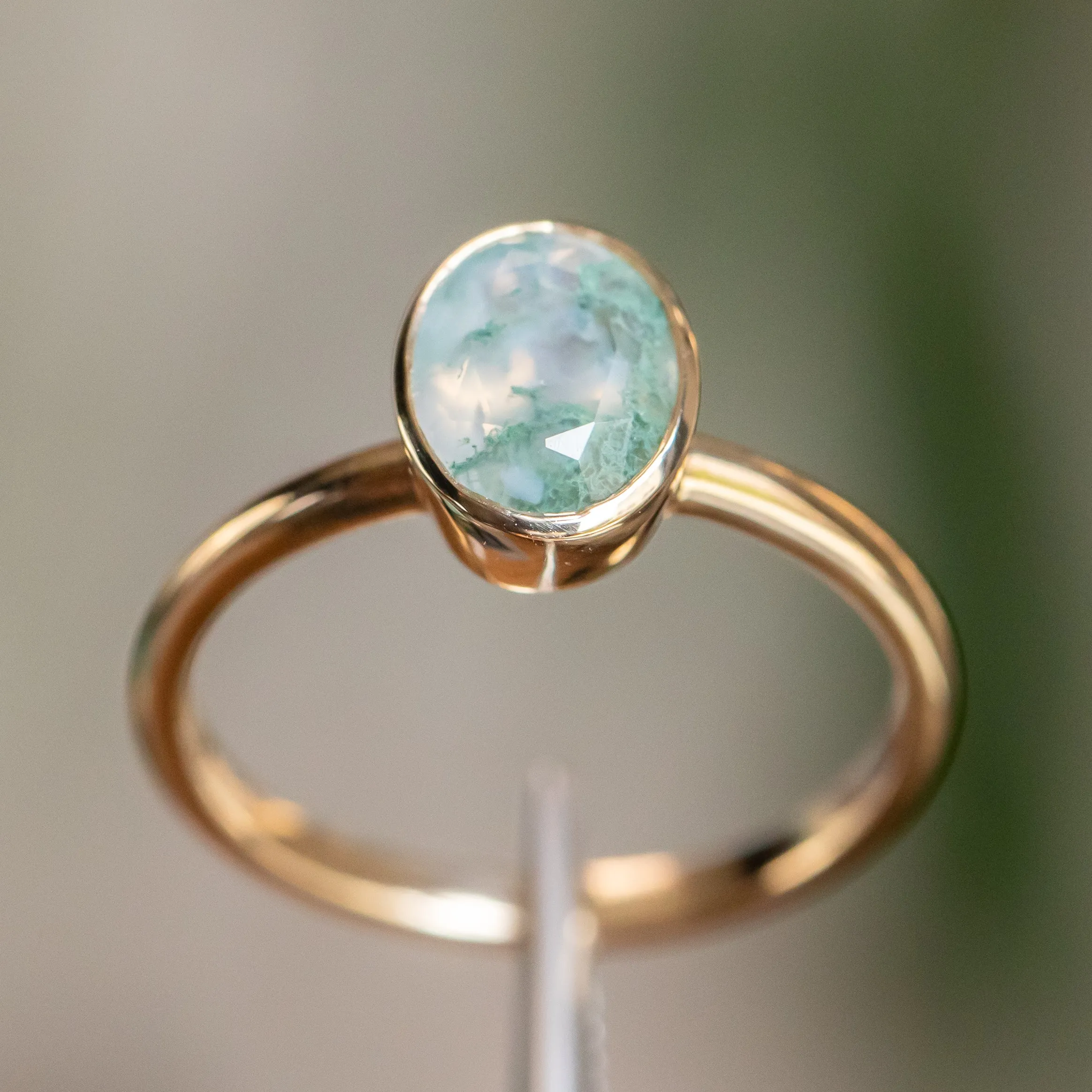 Oval Moss Agate Bezel Rings in 14K Yellow & White Gold