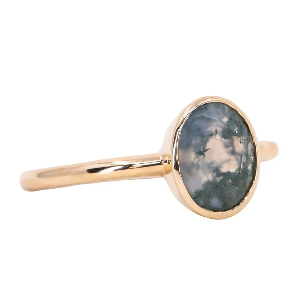 Oval Moss Agate Bezel Rings in 14K Yellow & White Gold