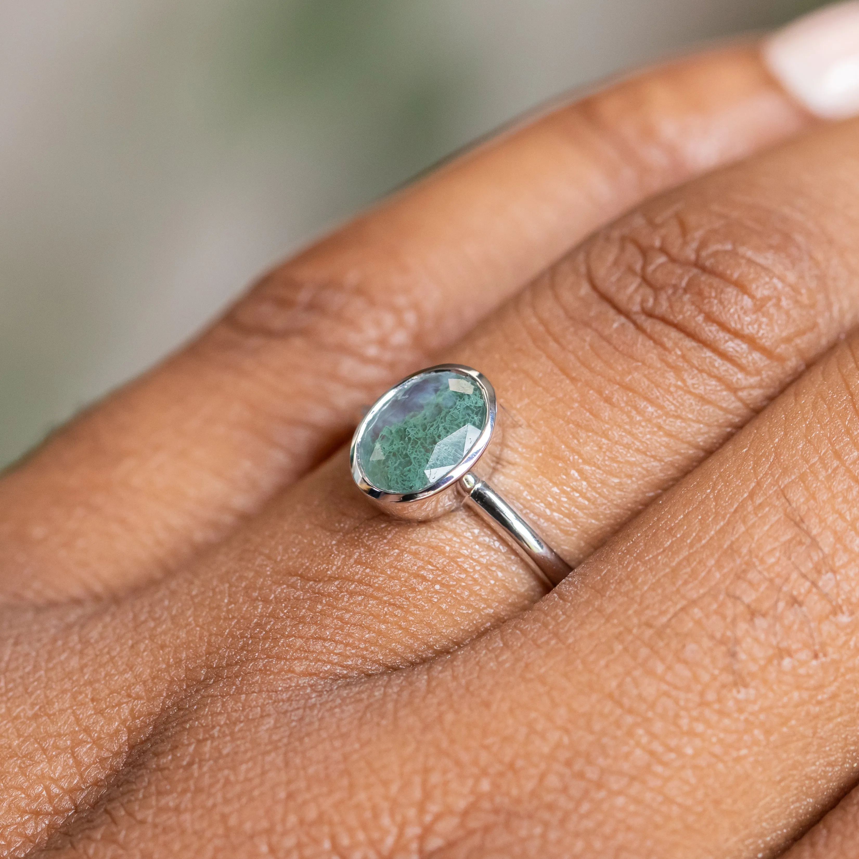 Oval Moss Agate Bezel Rings in 14K Yellow & White Gold