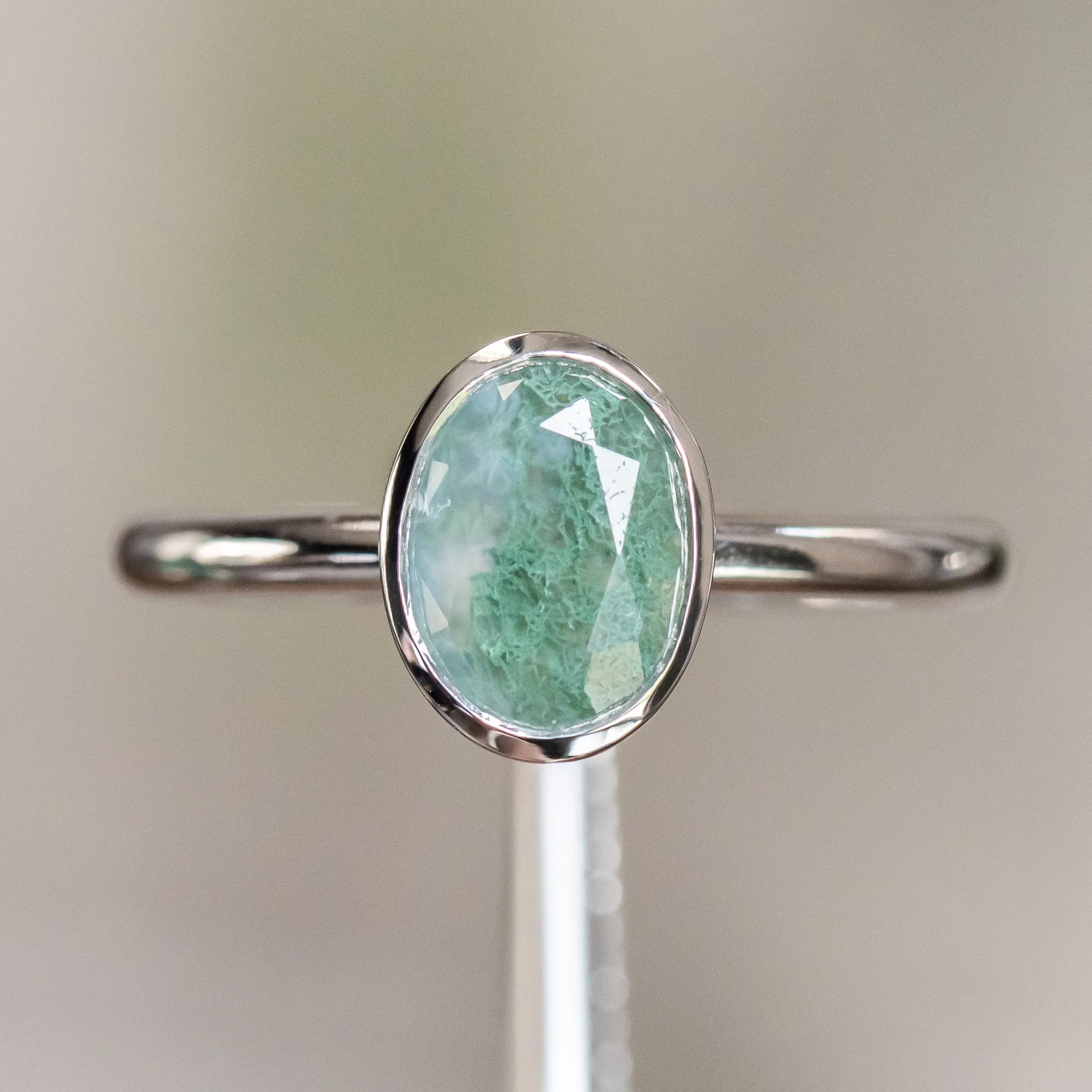 Oval Moss Agate Bezel Rings in 14K Yellow & White Gold