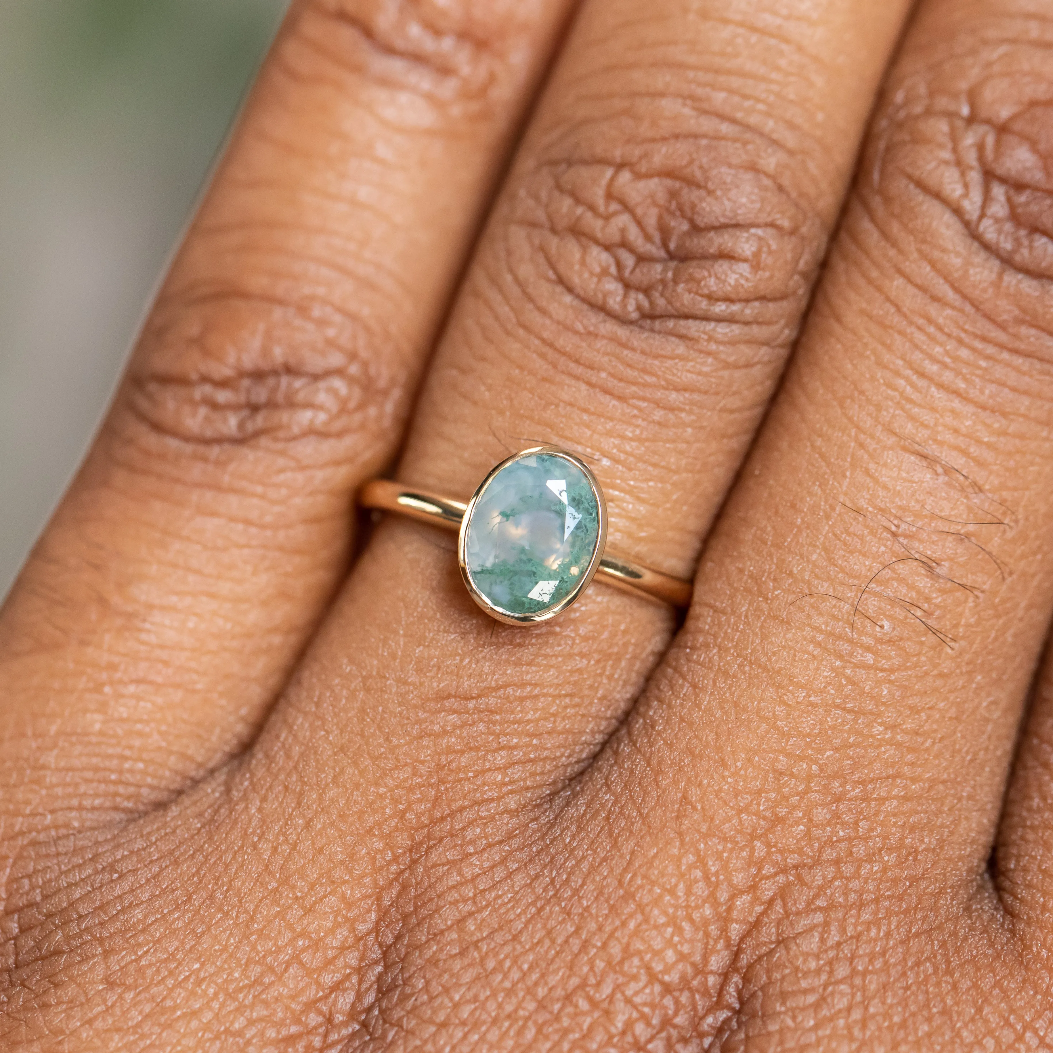 Oval Moss Agate Bezel Rings in 14K Yellow & White Gold