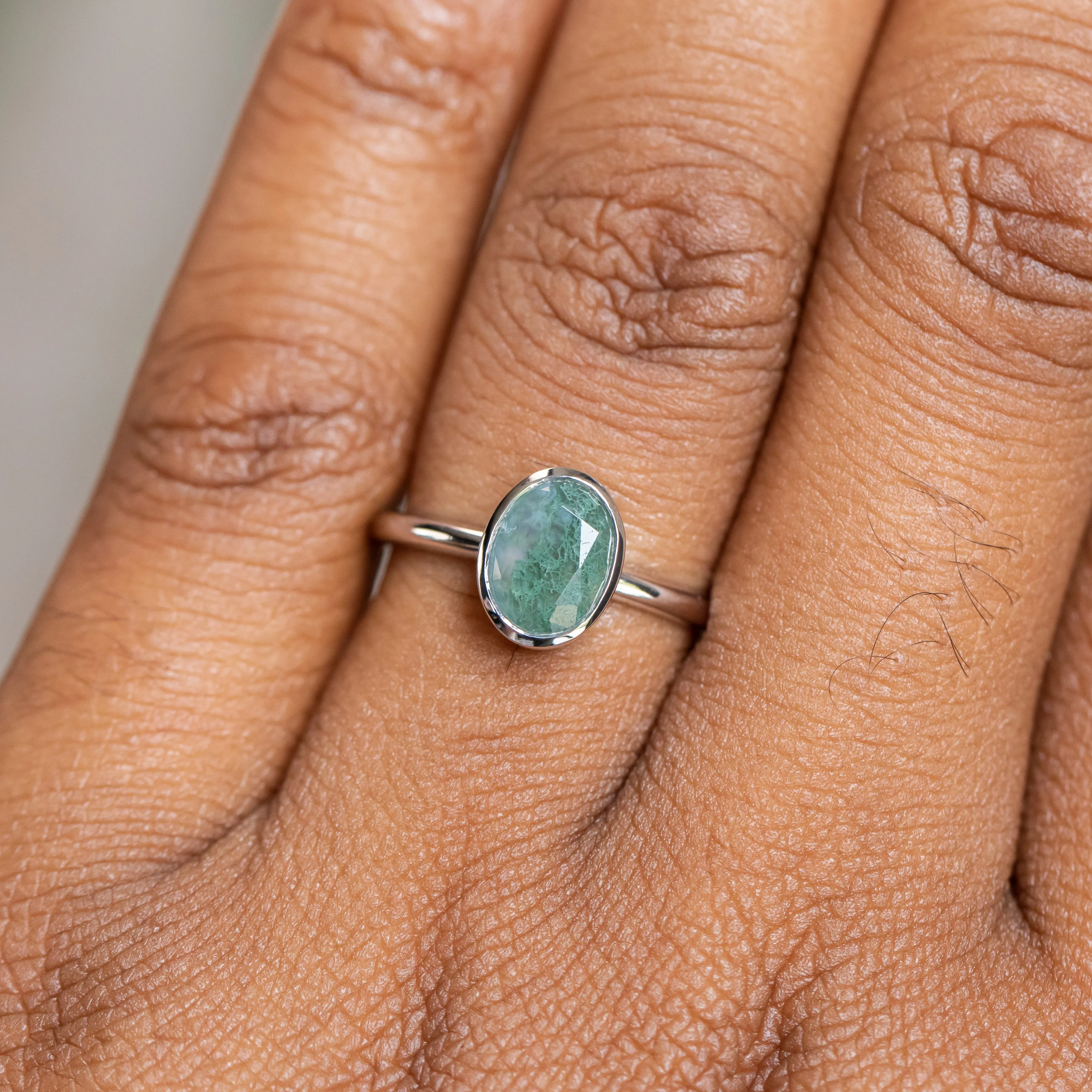 Oval Moss Agate Bezel Rings in 14K Yellow & White Gold