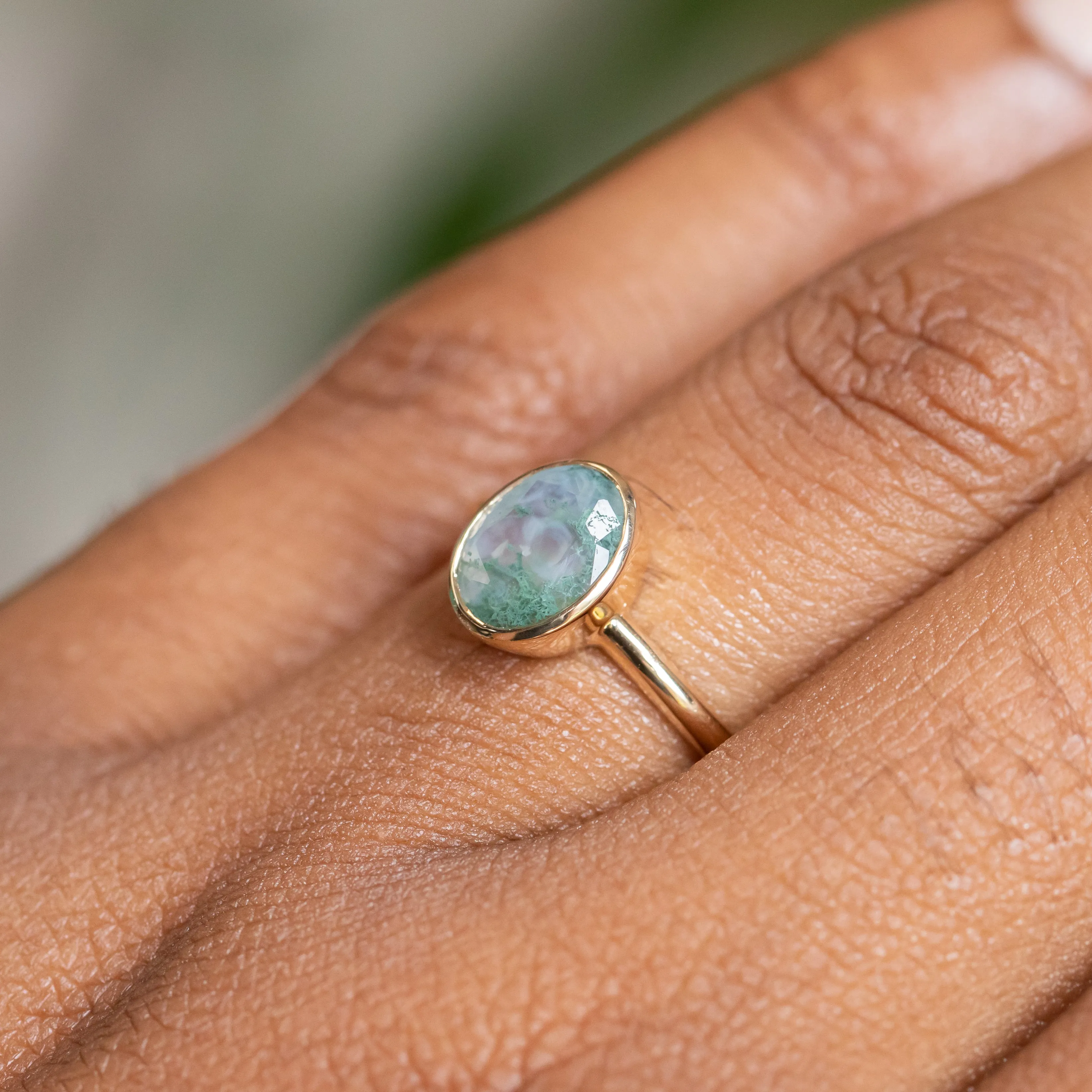 Oval Moss Agate Bezel Rings in 14K Yellow & White Gold