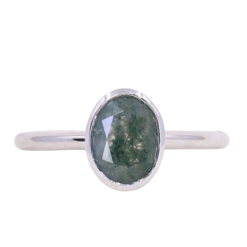 Oval Moss Agate Bezel Rings in 14K Yellow & White Gold