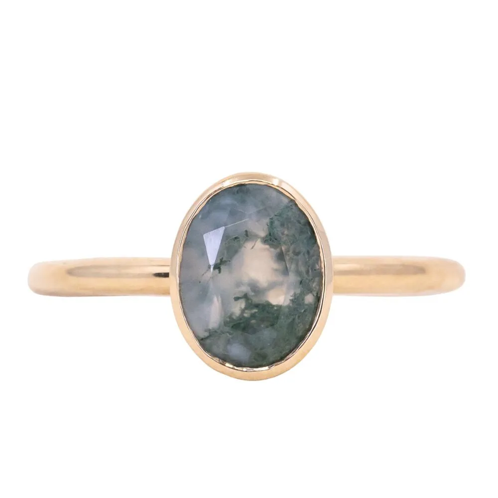 Oval Moss Agate Bezel Rings in 14K Yellow & White Gold